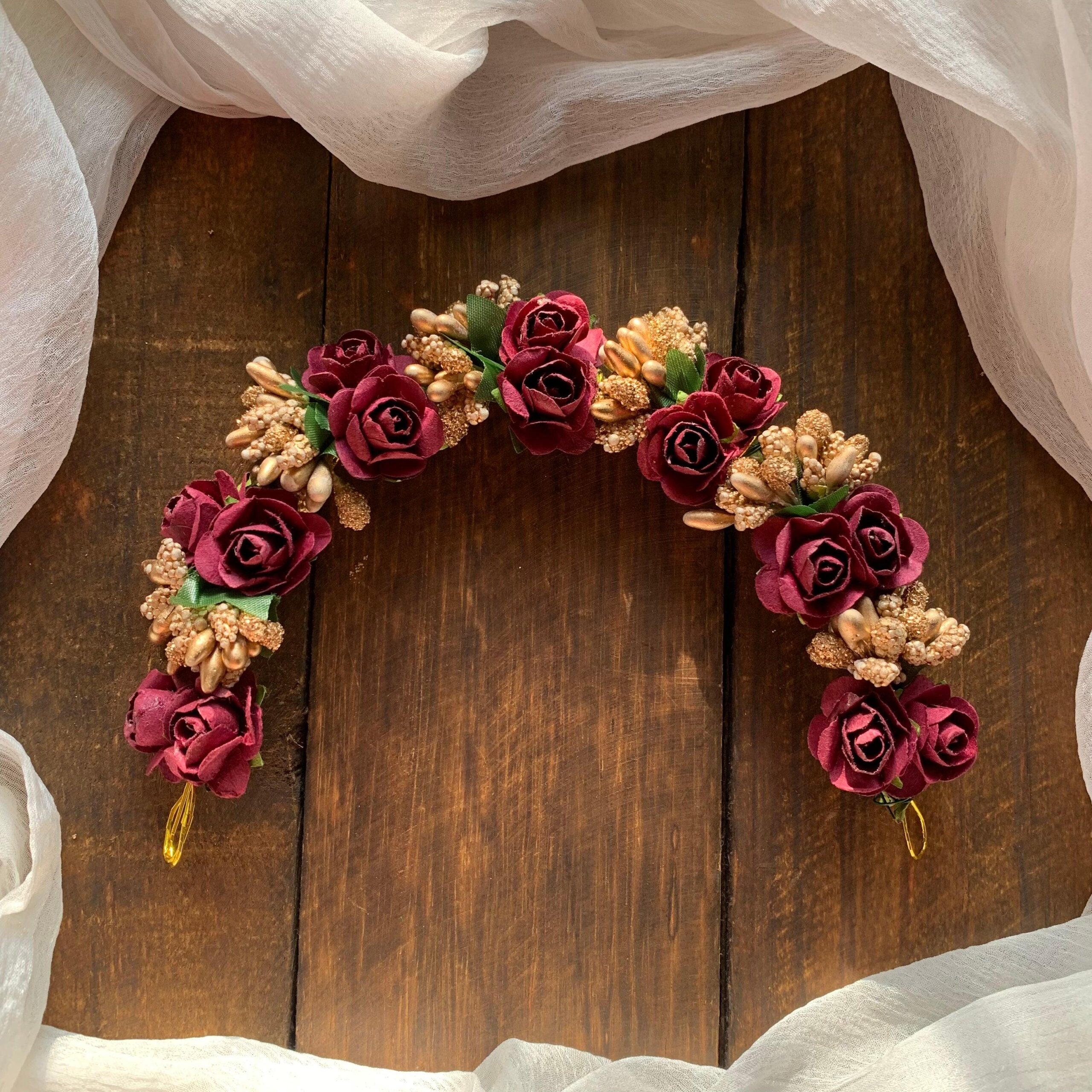 Flexible Double Rose Bridal Hair Bun Artificial Flower Accessory - Maroon